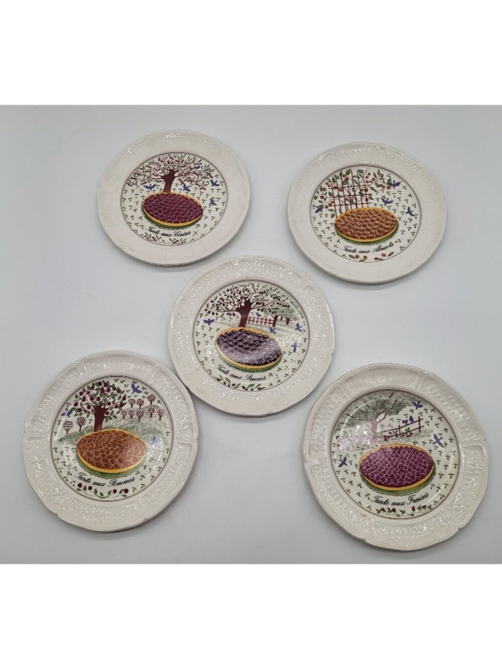Gien Porcelain "Les Tartes" Plates x 5 French Fruit Tree Dessert Small